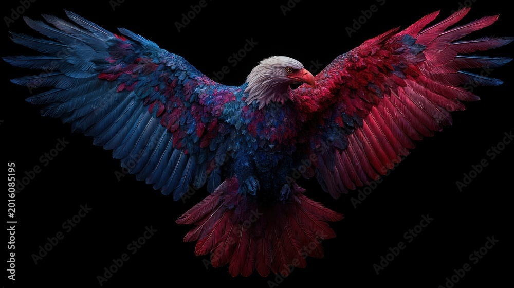 Obraz premium Bald eagle with outstretched wings in red and blue colors, symbolizing patriotism, detailed feathers against a dark background, showcasing dramatic lighting and intricate textures
