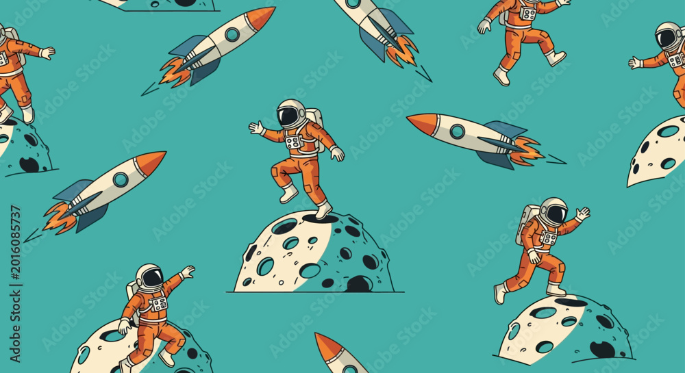 Fototapeta premium astronauts and rockets on a turquoise background space exploration pattern