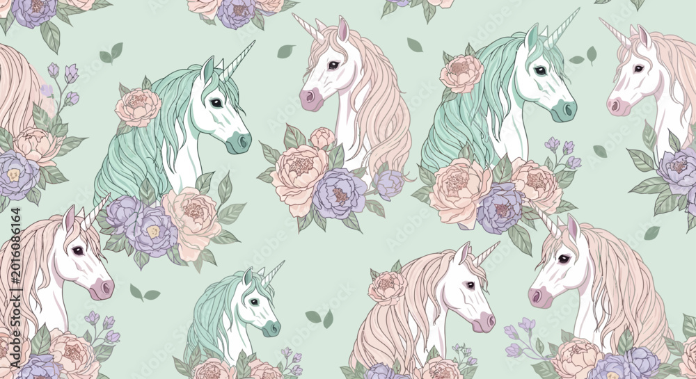 Fototapeta premium seamless pattern of magical unicorns adorned with pastel floral arrangements on a gentle green background for design