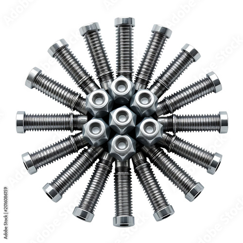 Stacked Stainless Industrial Hex Bolts Isolated in Structured Arrangement 