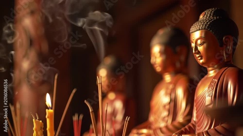 Close up shot of buddha statues with incense smoke and candle light