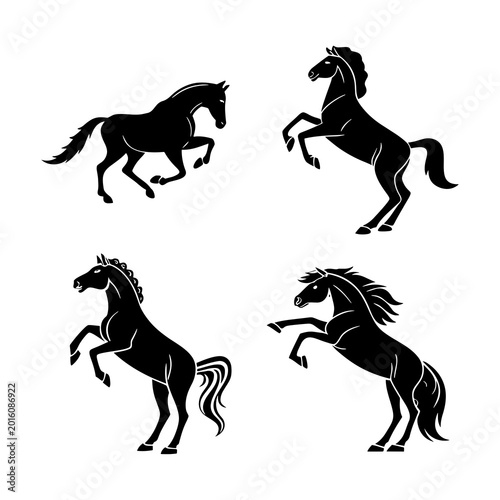 Bild auf Leinwand Four dynamic horse galloping silhouettes in black on white background