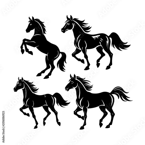 Fotografía Four galloping horse silhouettes in dynamic motion against plain background
