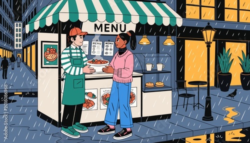 Billede på lærred Street food vendor handing over dish at outdoor stall with striped awning