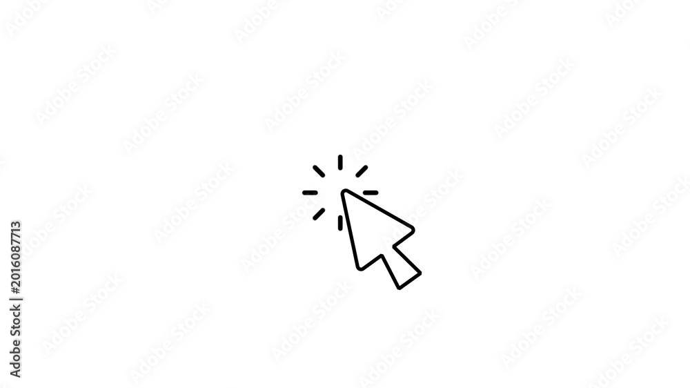 A cursor arrow with click spark effect lines on white background ...