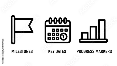Business milestones and progress tracking linear icons set with milestones progress calendar business planning development schedule deadline strategy management performance minimalist