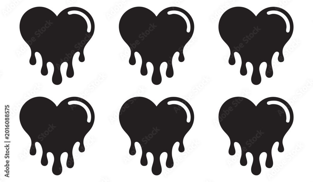 Fototapeta premium Heart shape silhouette vector icons with dripping liquid effect for creative melting love designs