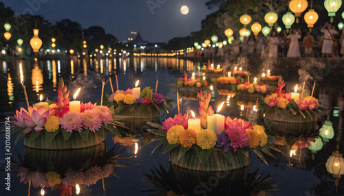 Magical Loy Krathong Festival Night with Floating Candle Lanterns on River