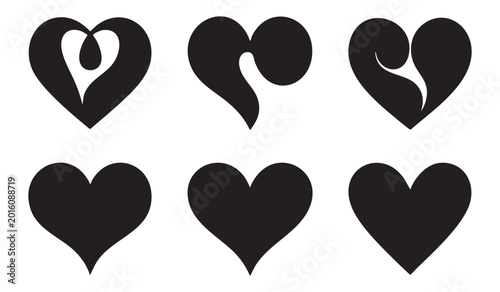 Heart icons set of black silhouettes with creative swirls and minimalist shapes on white background