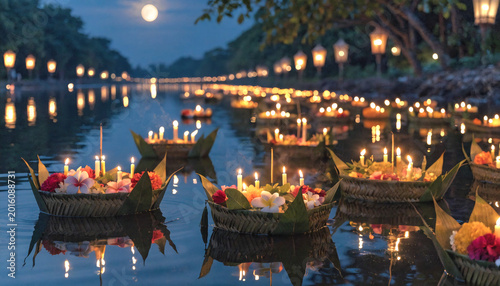 Magical Loy Krathong Festival Night with Floating Candle Lanterns on River