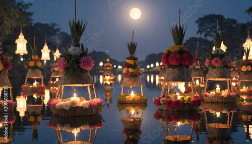 Magical Loy Krathong Festival Night with Floating Candle Lanterns on River