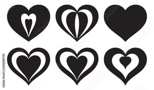 Heart shape silhouettes set of black vector icons with decorative cutout designs on white backdrop
