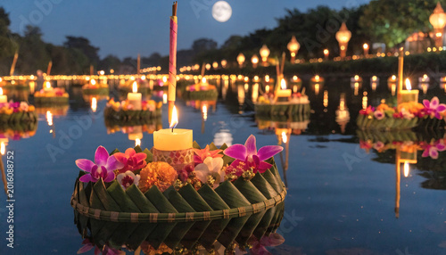 Magical Loy Krathong Festival Night with Floating Candle Lanterns on River