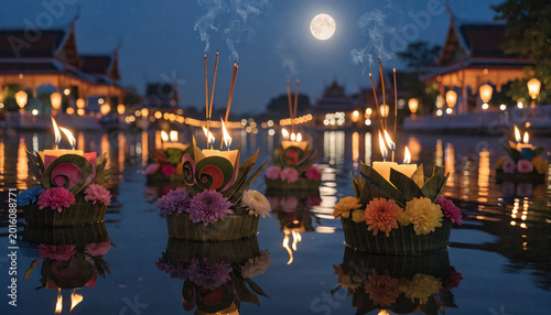 Magical Loy Krathong Festival Night with Floating Candle Lanterns on River