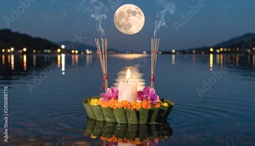 Magical Loy Krathong Festival Night with Floating Candle Lanterns on River