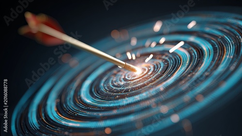 A golden arrow hits a digital target with concentric circles and ripples