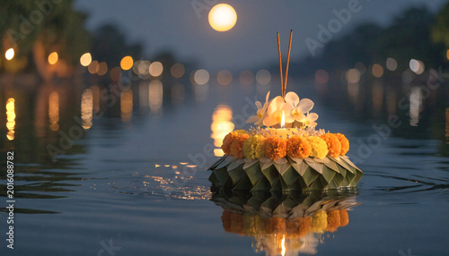 Magical Loy Krathong Festival Night with Floating Candle Lanterns on River