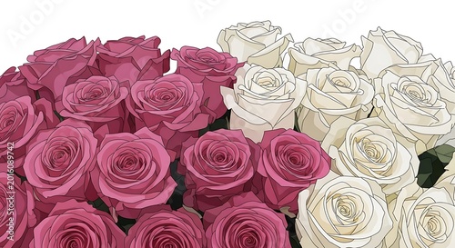 Vector illustration of a fresh bouquet featuring pink and white roses in a close-up view.