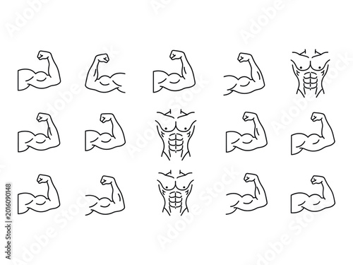Schilderij op canvas Fitness and strength icons a collection of line art muscle silhouettes and torso