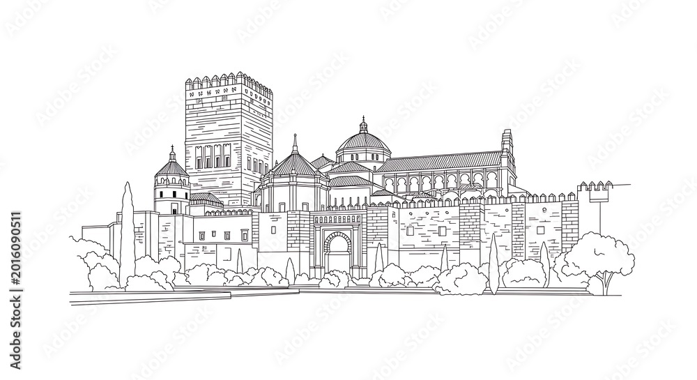 Fototapeta premium Line art illustration of the Mosque-Cathedral of Cordoba landmark in Andalusia, Spain