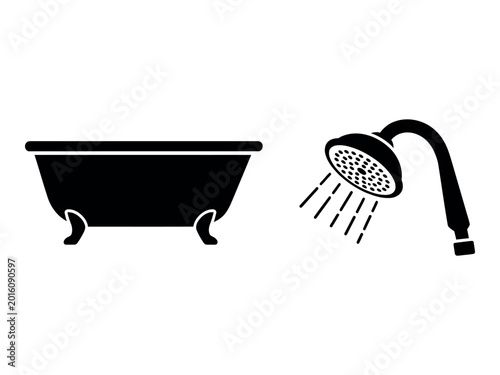 Obraz na płótnie Bathroom fixtures silhouette a black bathtub and showerhead icon set on a white