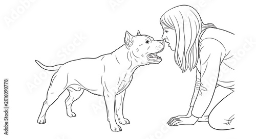 Line art illustration of a woman kneeling and facing an American Staffordshire Terrier dog