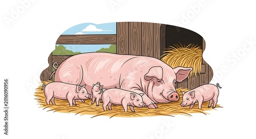 Illustration of a mother sow lying in straw with her four piglets on a farm barnyard