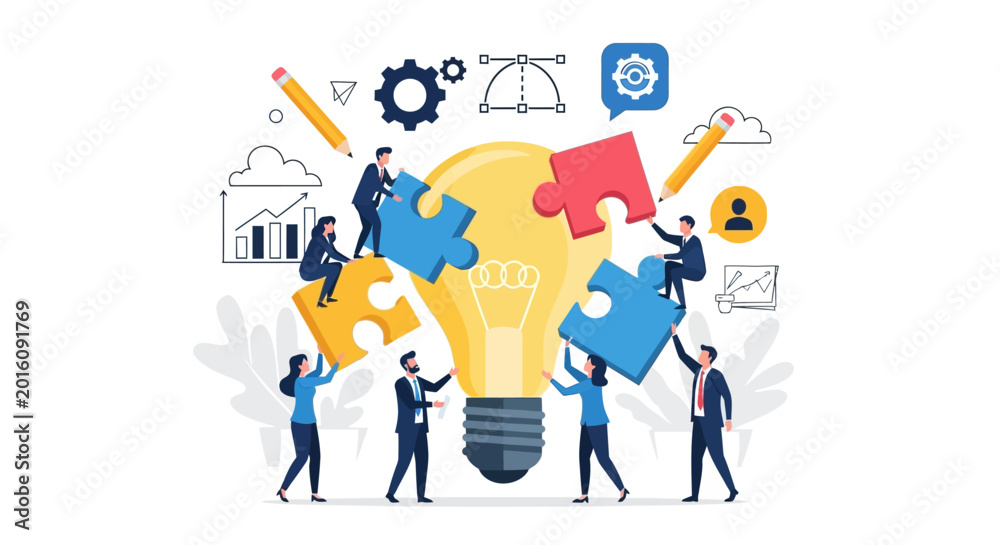 Naklejka premium business team collaborating building a big idea with puzzle pieces around a light bulb symbolizing innovation and problem solving.