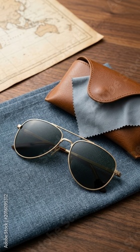 Aviator sunglasses with leather case and map