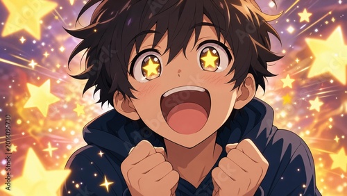 Cheerful Young Anime Boy with Starry Eyes and Excited Expression Illustration