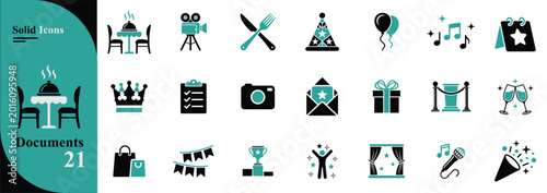 Minimalist solid event and celebration icons set including party hat, balloons, camera, calendar, trophy, microphone, and shopping bags