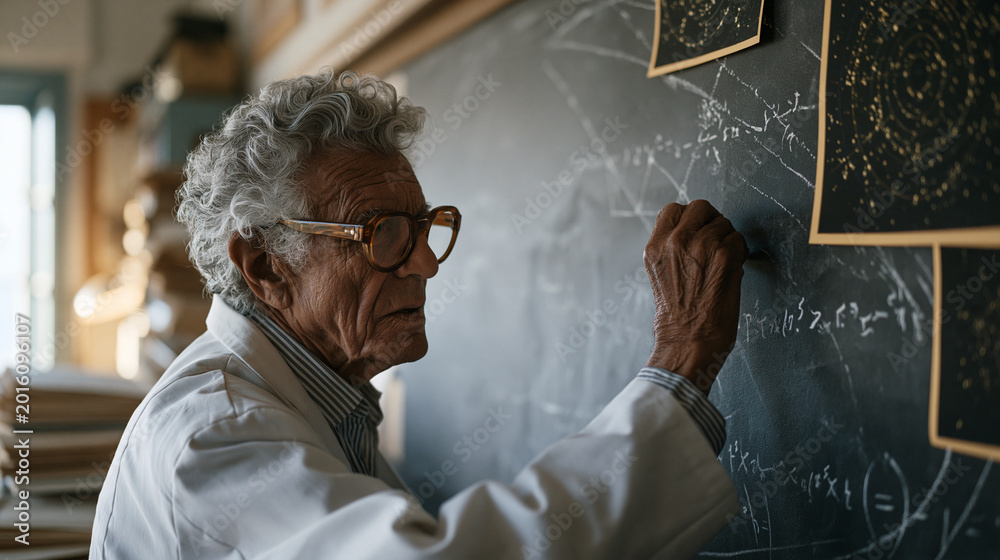 Obraz premium Elderly astrophysicist with thick-framed glasses and white lab coat writes orbital decay equations on a floor-to-ceiling chalkboard in a dimly lit university office, star charts pinned around his eq