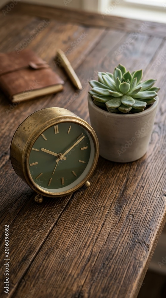 Fototapeta premium Desk with clock notebook and succulent plant