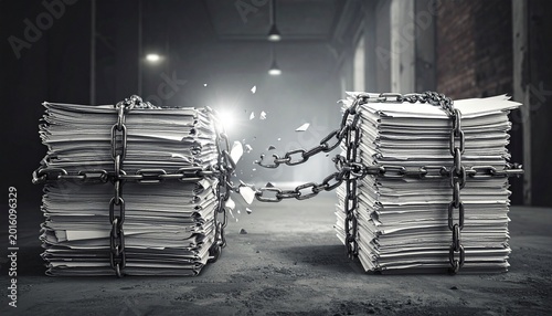 Stack of papers breaking chains symbolizing liberation and free expression