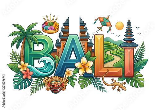 The word Bali in bold letters featuring illustrations of Balinese temples, tropical jungles, terraced rice fields, and traditional dancers