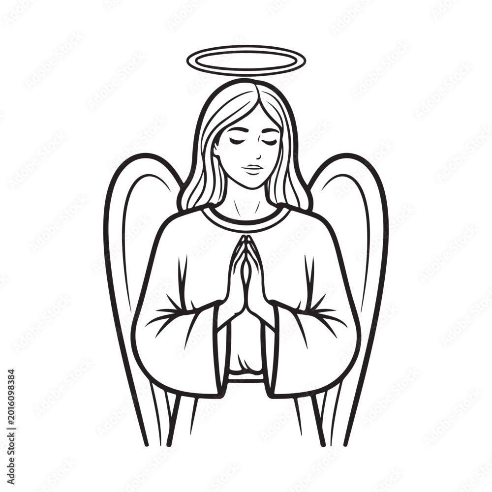 Naklejka premium Praying angel vector illustration with halo and wings. Representing faith, spirituality, and divine protection, ideal for religious themes and peaceful designs