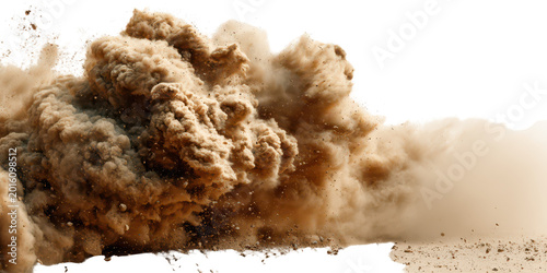 Large dust cloud and sand explosion with debris isolated on transparent background