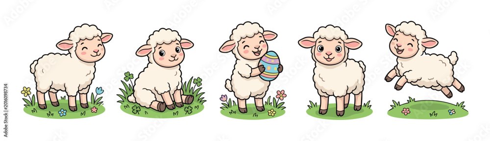Obraz premium Adorable fluffy lambs in various playful poses, including one holding a decorated Easter egg, surrounded by green grass and small flowers.