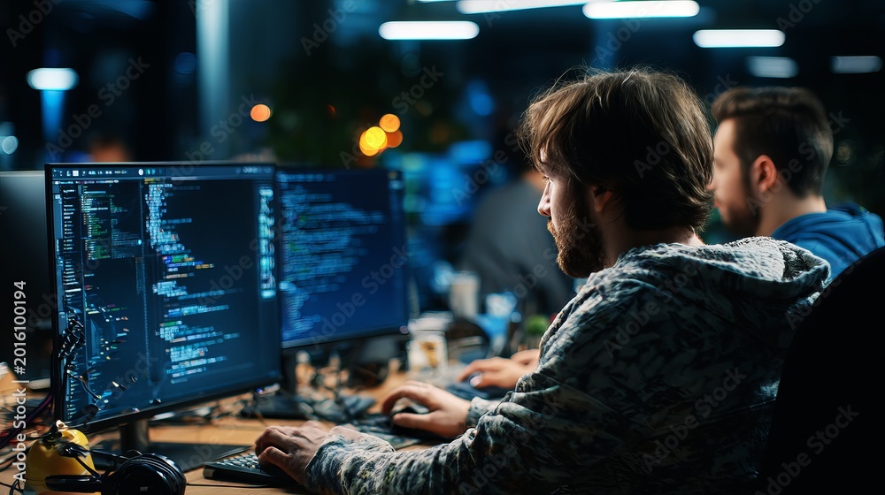 Obraz premium Two men are working on software development and programming in a modern office.
