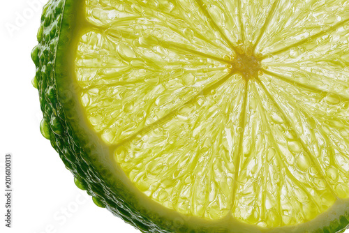 Macro shot of a fresh lime slice with water droplets, isolated on transparent background