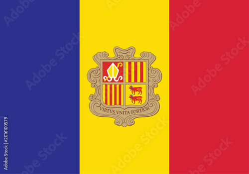 Photos Andorra National Flag with Coat of Arms Official Vertical Tricolor Design