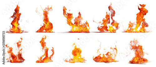 Set of various fire flames, orange and red blaze with sparks, dynamic burning elements isolated on transparent background