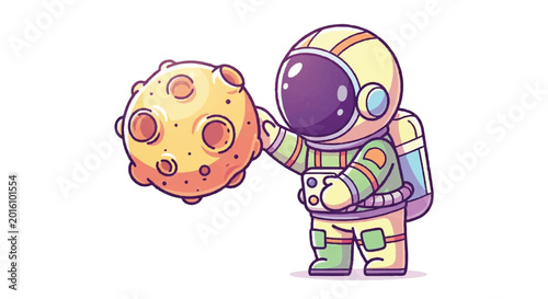Cute Astronaut Holding a Cartoon Asteroid in Space.