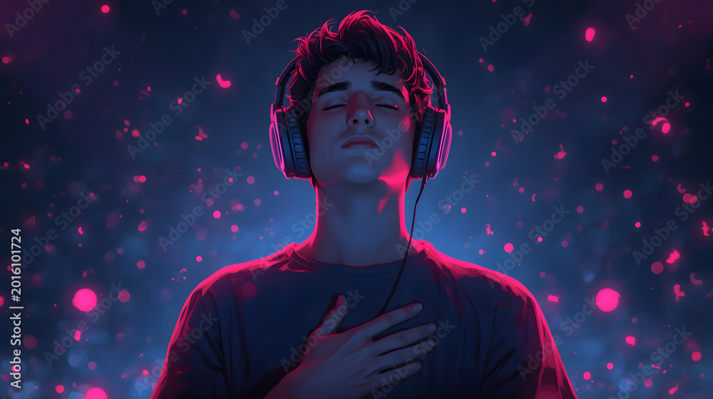 Naklejka premium Young man with headphones on, eyes closed, hand on chest, immersed in music or meditation with glowing particles.