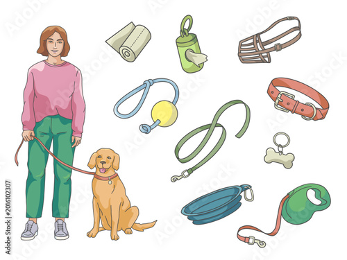 Dog walking accessories set with owner, Labrador, leash, collar and muzzle