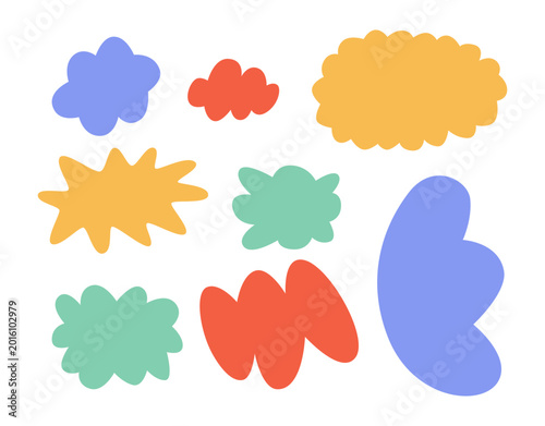 Set of cute fluffy label shapes and soft cloud speech bubbles. Playful pastel stickers for children's branding, social