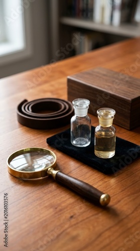 Magnifying glass and vials on wooden desk