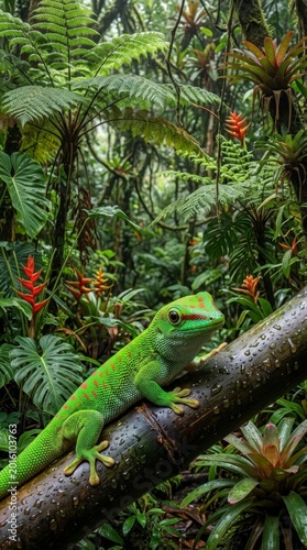 Green gecko on a wet bamboo branch in a lush jungle