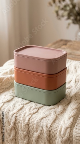 Stack of three modern lunch boxes