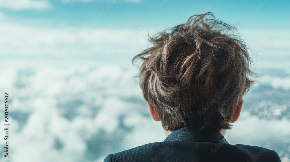 Fototapeta premium A thoughtful child looks out at fluffy clouds from a high vantage point, embodying curiosity and wonder, reflecting the beauty and vastness of the sky and imagination.
